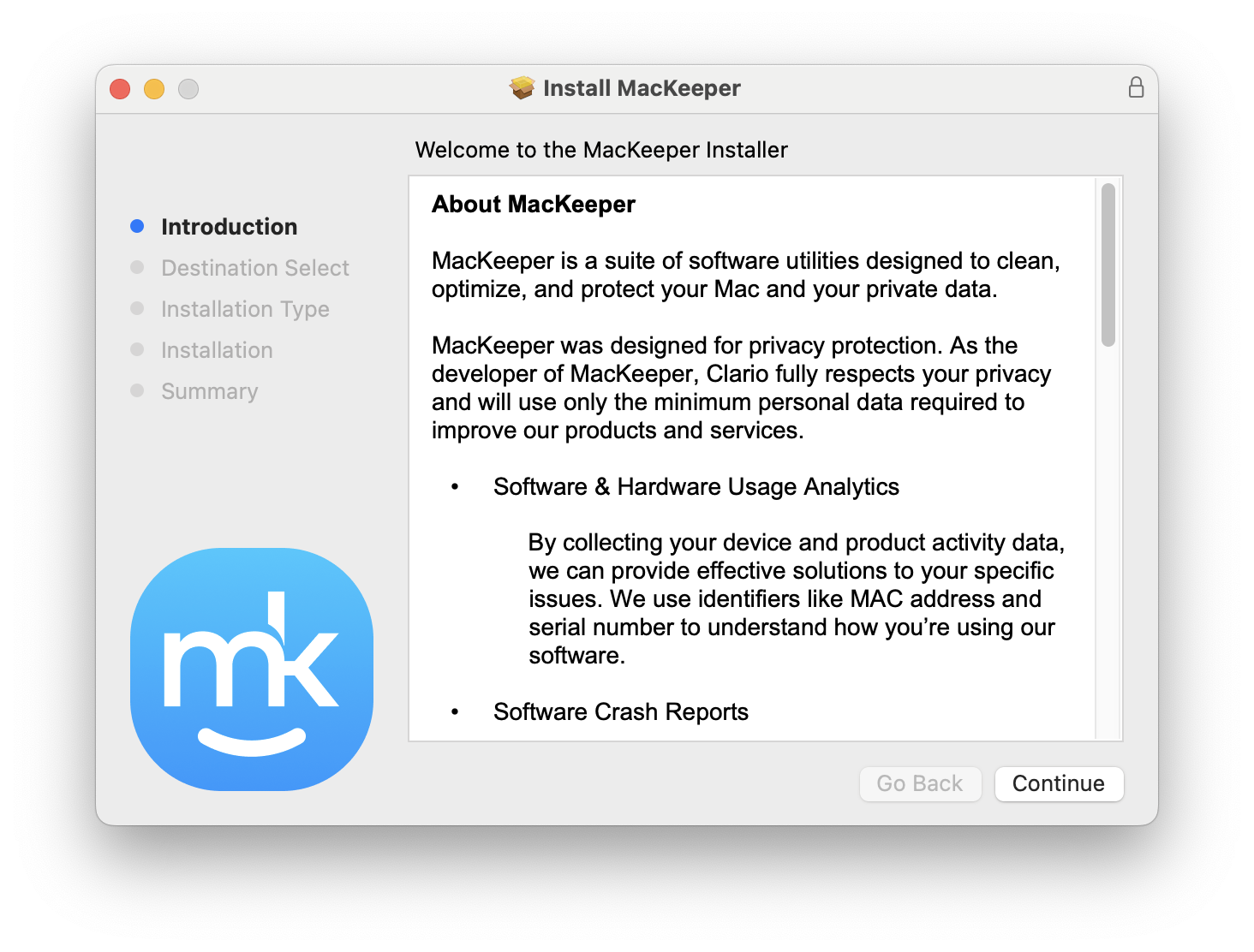 The Install MacKeeper screen, with the Introduction visible. There is a continue button to install. Part of a guide on how to stop fake McAfee pop-ups on Mac.