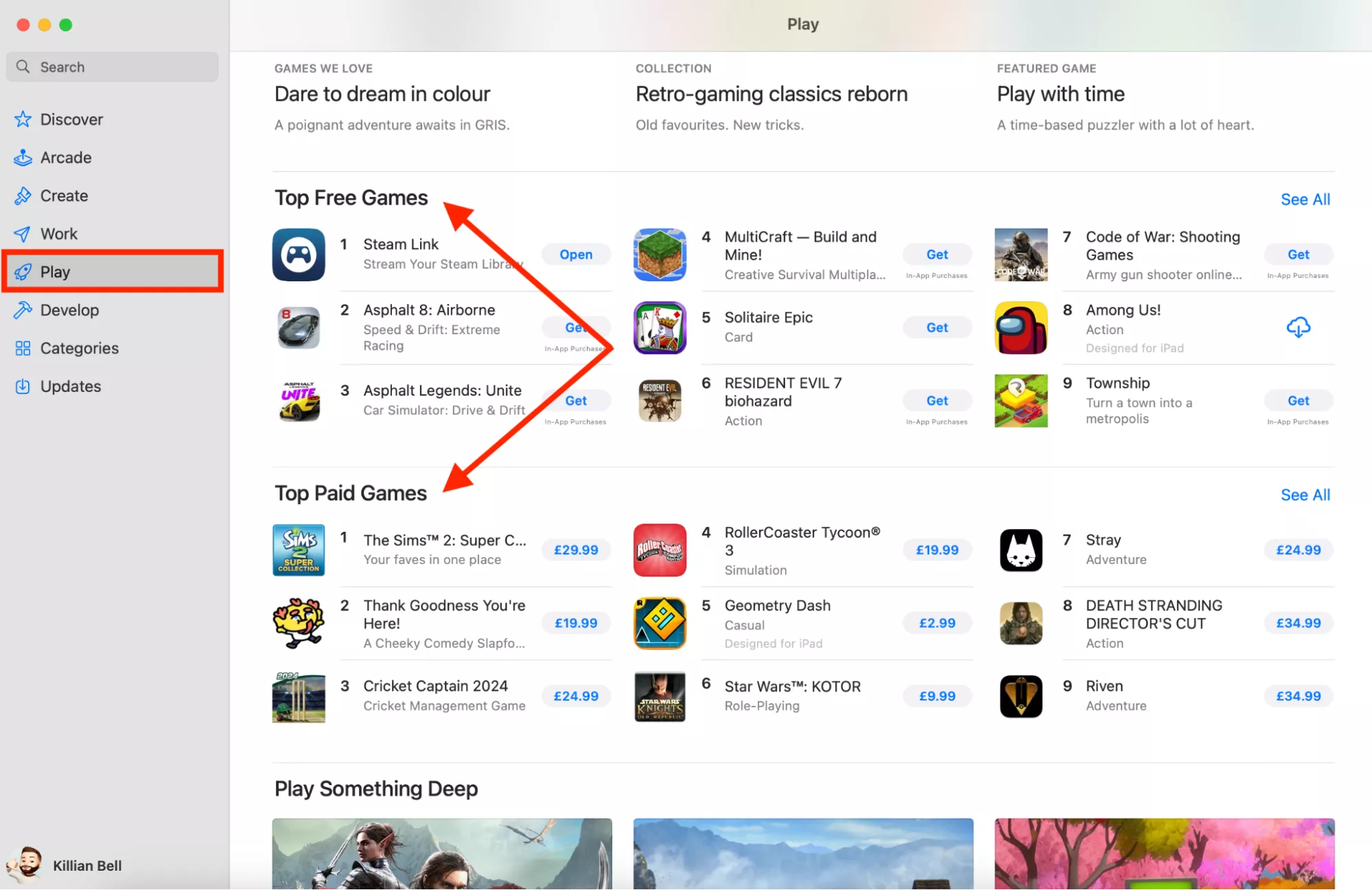 The Play tab in the App Store on Mac. The Top Free Games and Top Paid Games sections show the most popular titles compatible with macOS, so it’s a good place to start if you want to play Windows games on Mac.