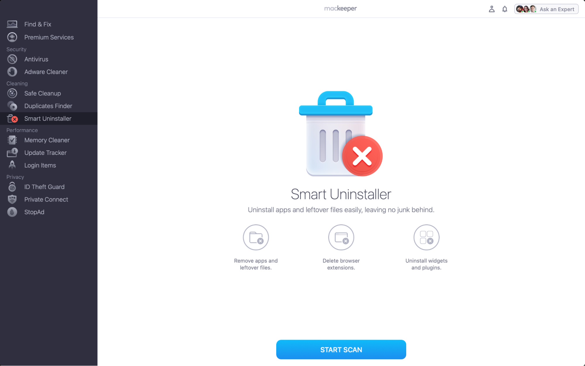 To uninstall Opera from your Mac, run MacKeeper and select Smart Uninstaller, click Start Scan.