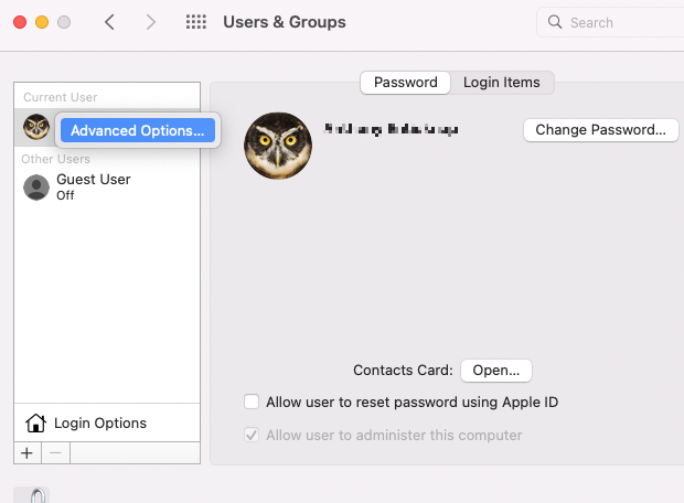 Users & Groups > Advanced Options Users & Groups > Advanced Options