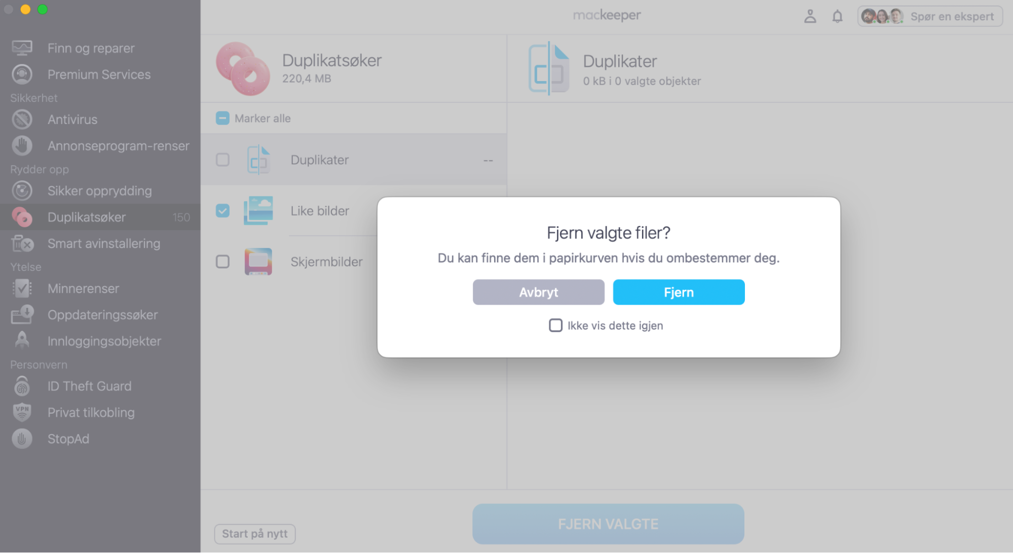 Til slutt, for å fullføre fjerningen av doble filer på datamaskinen din, klikk på Fjern i popup-vinduet i MacKeeper-appen.