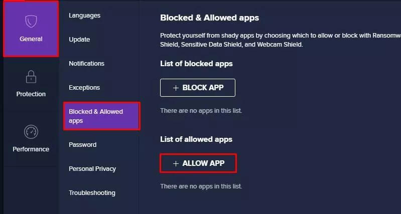 allowing apps in avast