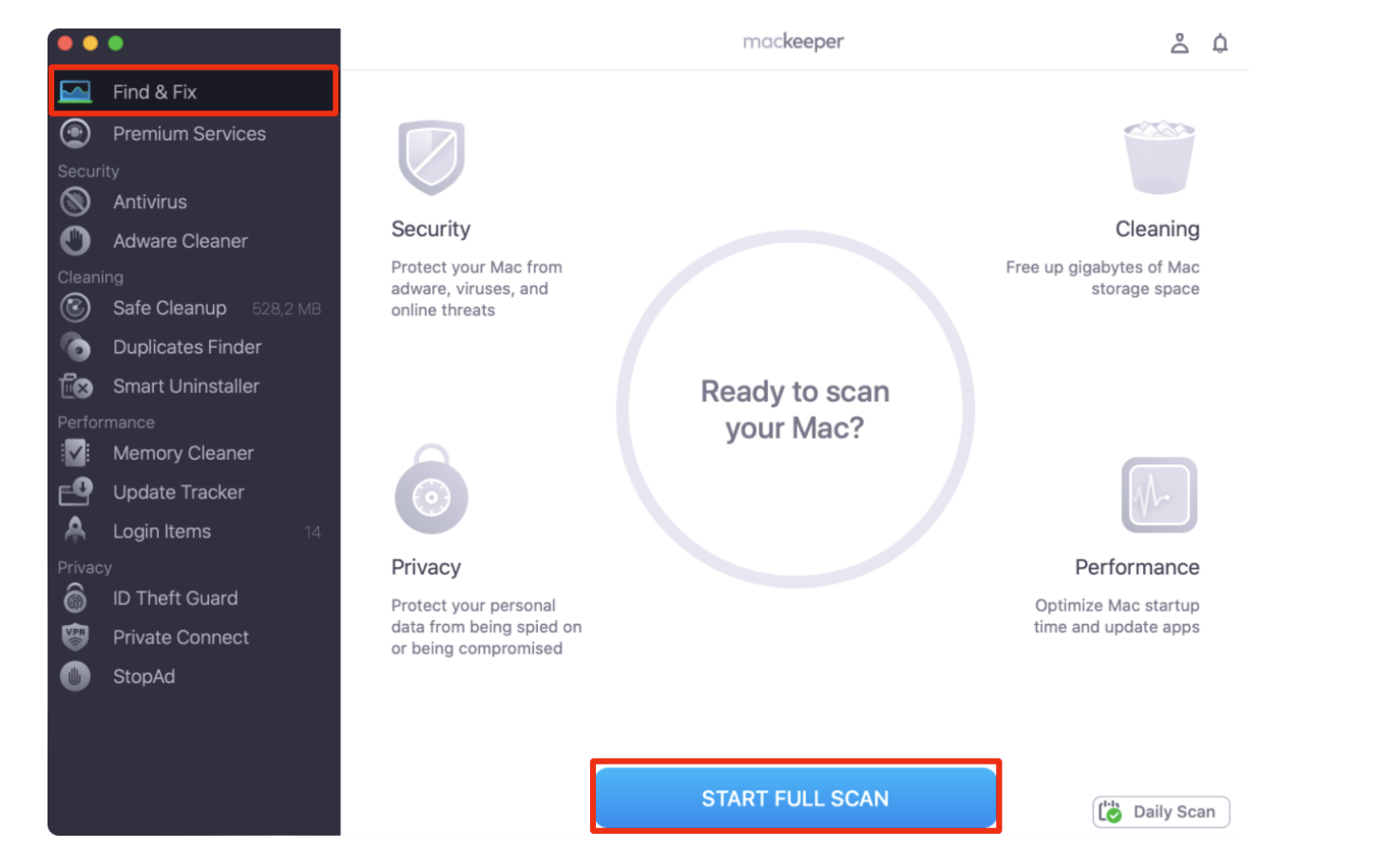 Start using Find & Fix by going to MacKeeper and selecting Find & Fix. Then, tap Start Full Scan to commence the scanning process on your device. Start using Find & Fix by going to MacKeeper and selecting Find & Fix. Then, tap Start Full Scan to commence the scanning process on your device.