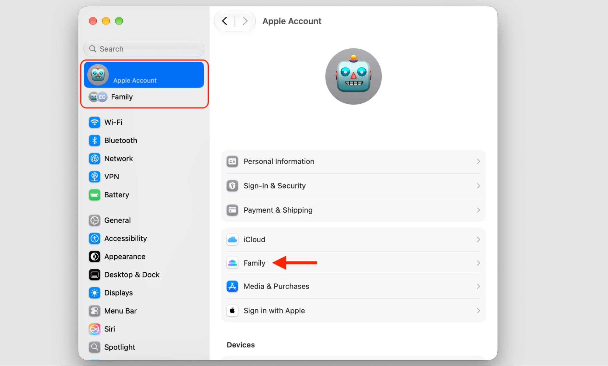 System Settings on a Mac showing the Apple Account pane, with Family selected to begin sharing iCloud storage with family members.