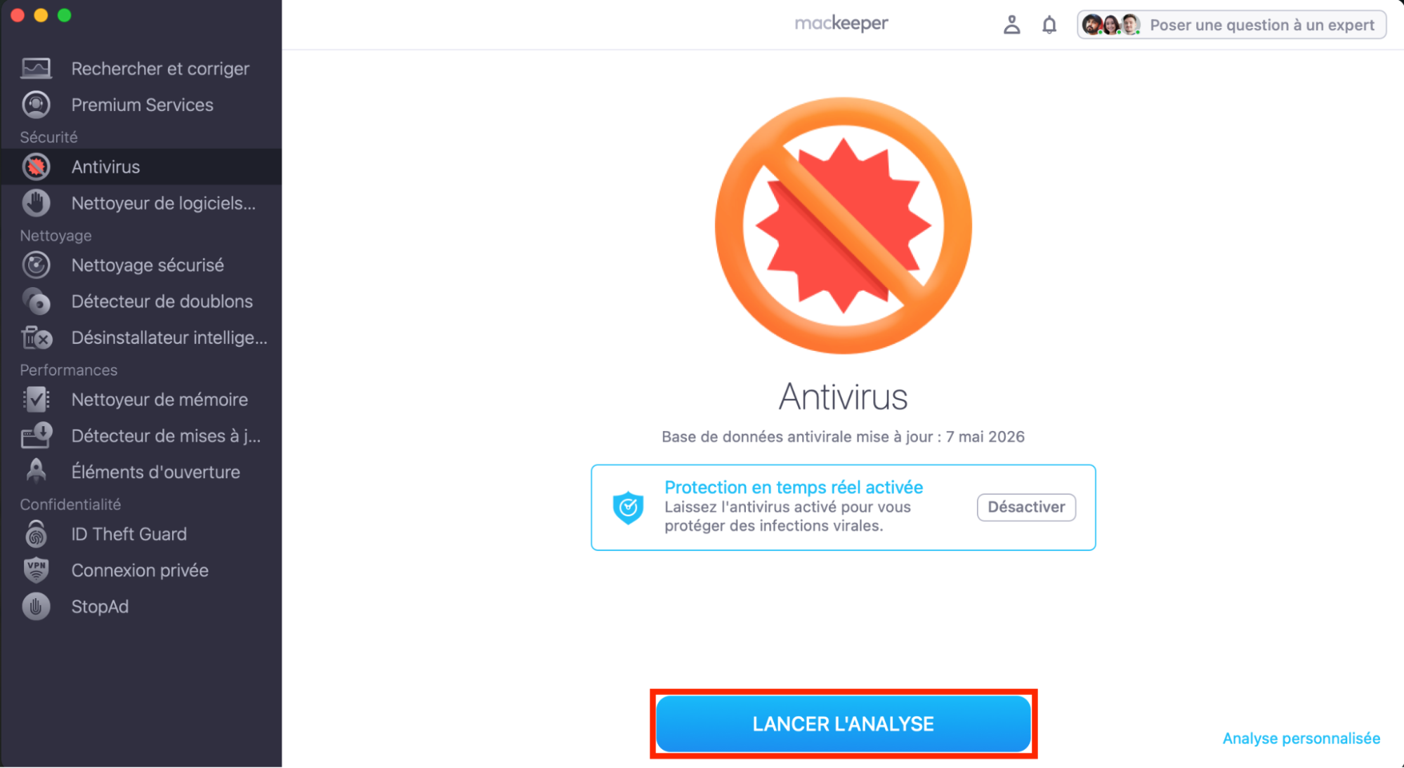 L’Antivirus de MacKeeper. Le bouton « Lancer l’analyse » est mis en surbrillance. Comment installer un antivirus et lancer une analyse : guide pour bloquer les fausses alertes McAfee sur Mac.