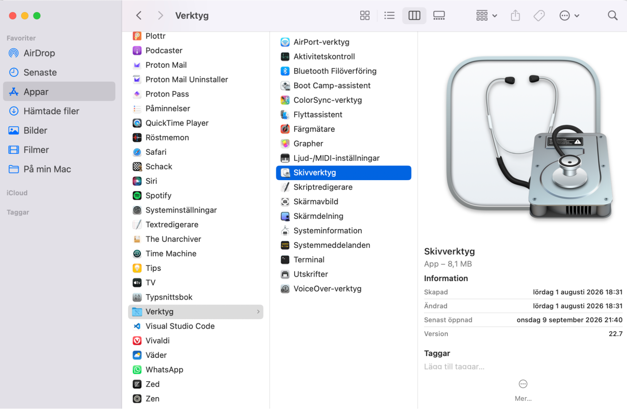 Om du vill undersöka din Macbooks diskhälsa gör du det enkelt med Skivverktyg, som finns i mappen Verktyg
