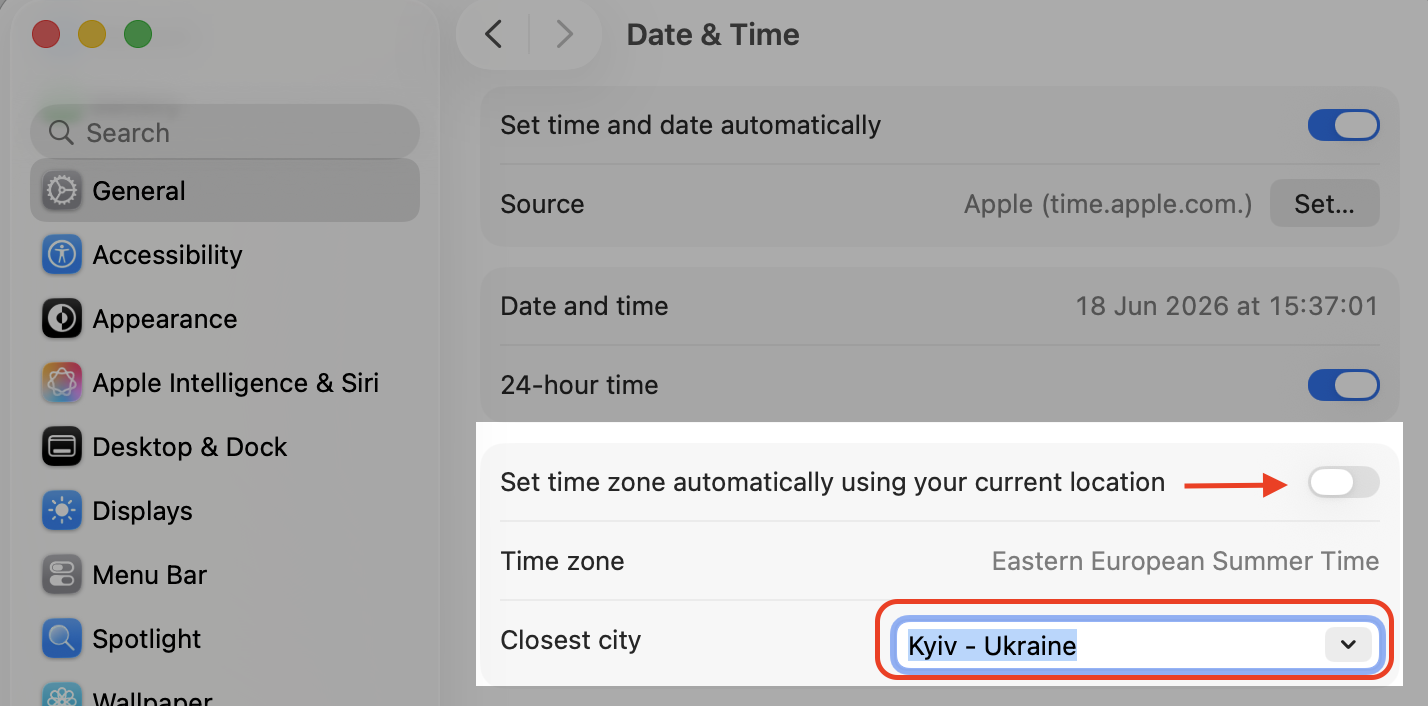 Date & Time settings on a Mac, choosing the correct Closest City, such as Kyiv, Ukraine, to fix the time zone in macOS Tahoe.