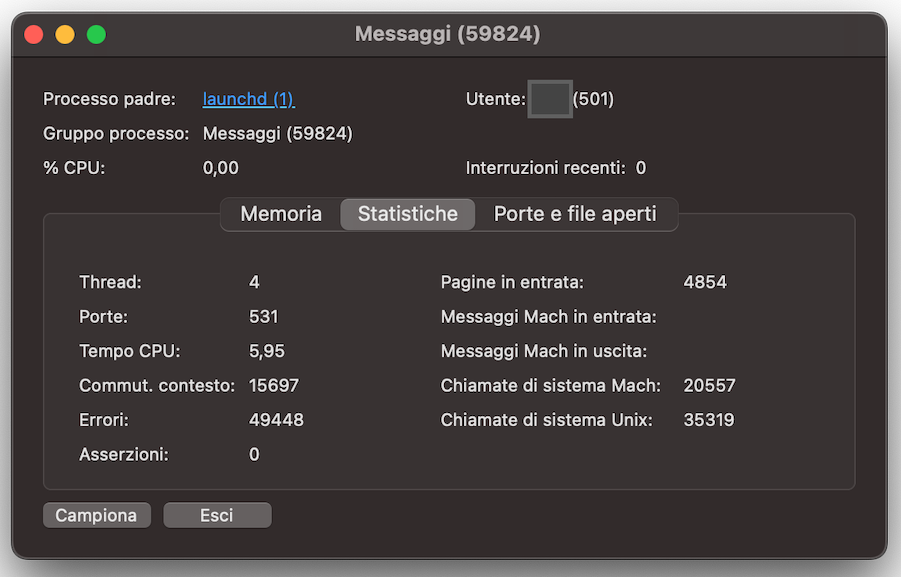 La scheda Statistiche è selezionata in Monitoraggio Attività per offrirti una panoramica più dettagliata di ciò che sta accadendo sul tuo Mac.