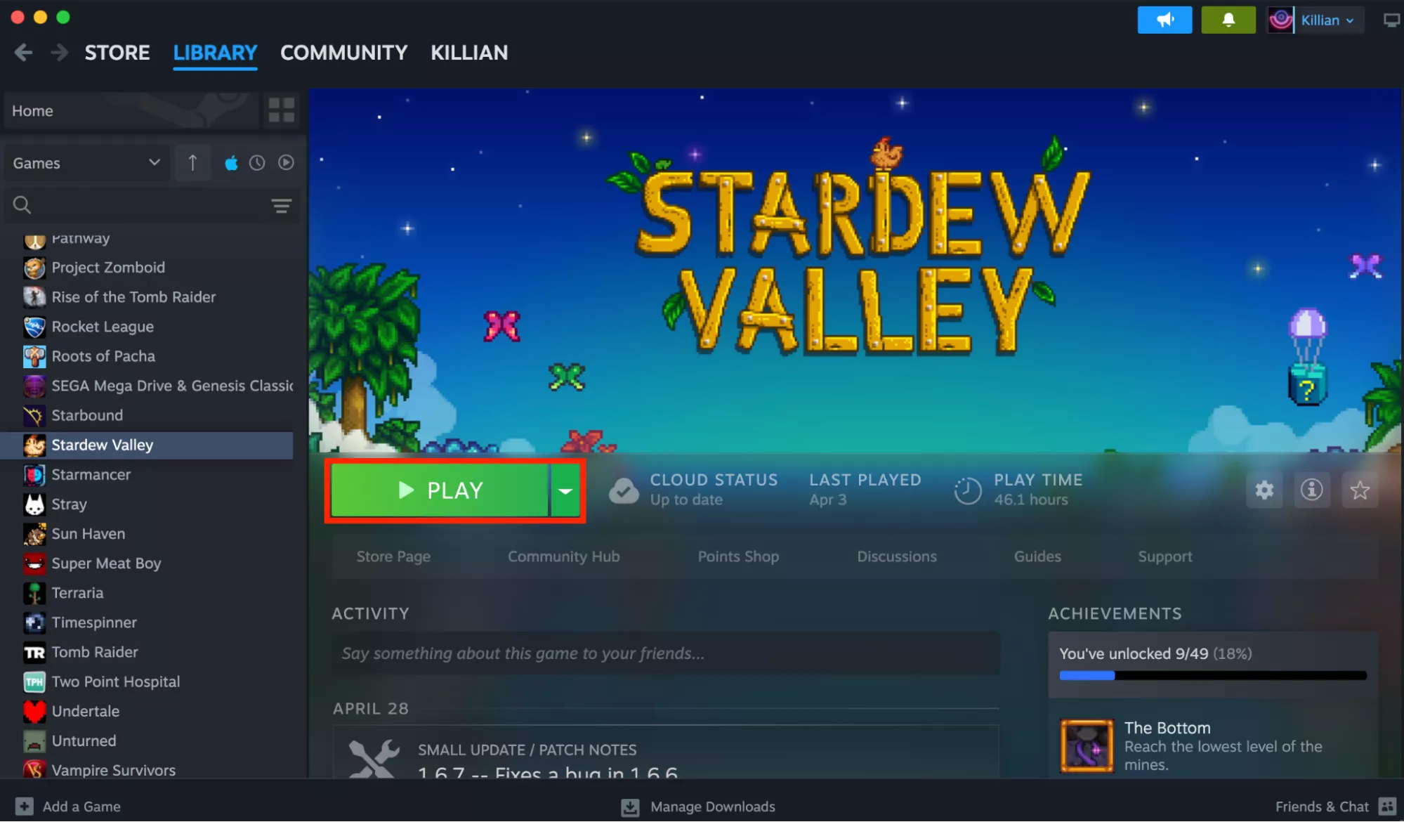 The Library tab in Steam on Mac. After you download a Windows game on Mac and it’s finished installing, click the Play button to run it.