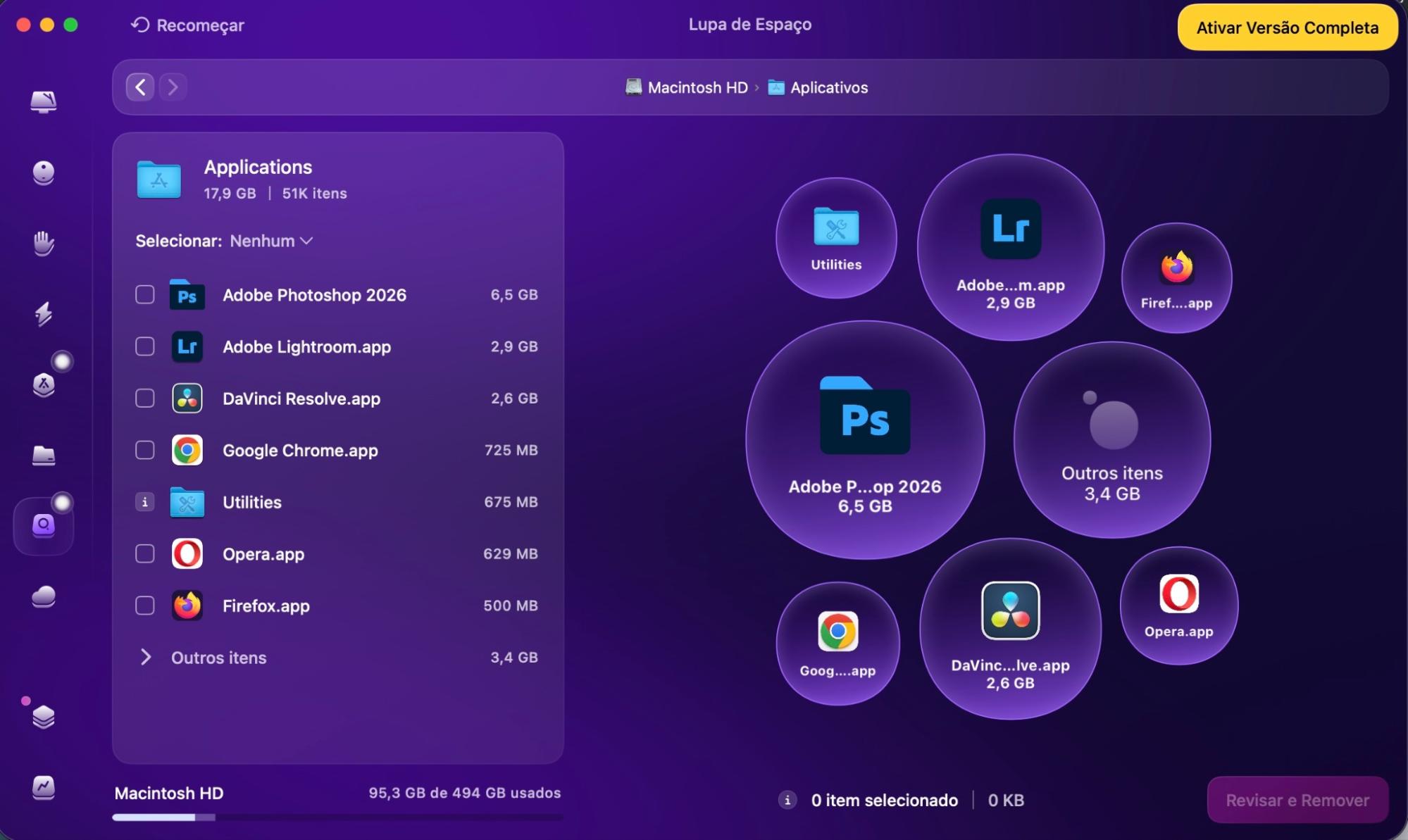 Para facilitar a comparação com o GrandPerspective, esta imagem mostra o recurso Lupa de Espaço do CleanMyMac e sua visualização do uso de armazenamento no Mac.