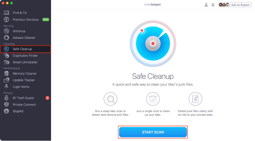 To delete unnecessary files and free up space on your Mac Big Sur, run MacKeeper and select Safe Cleanup from the sidebar, click Start Scan.