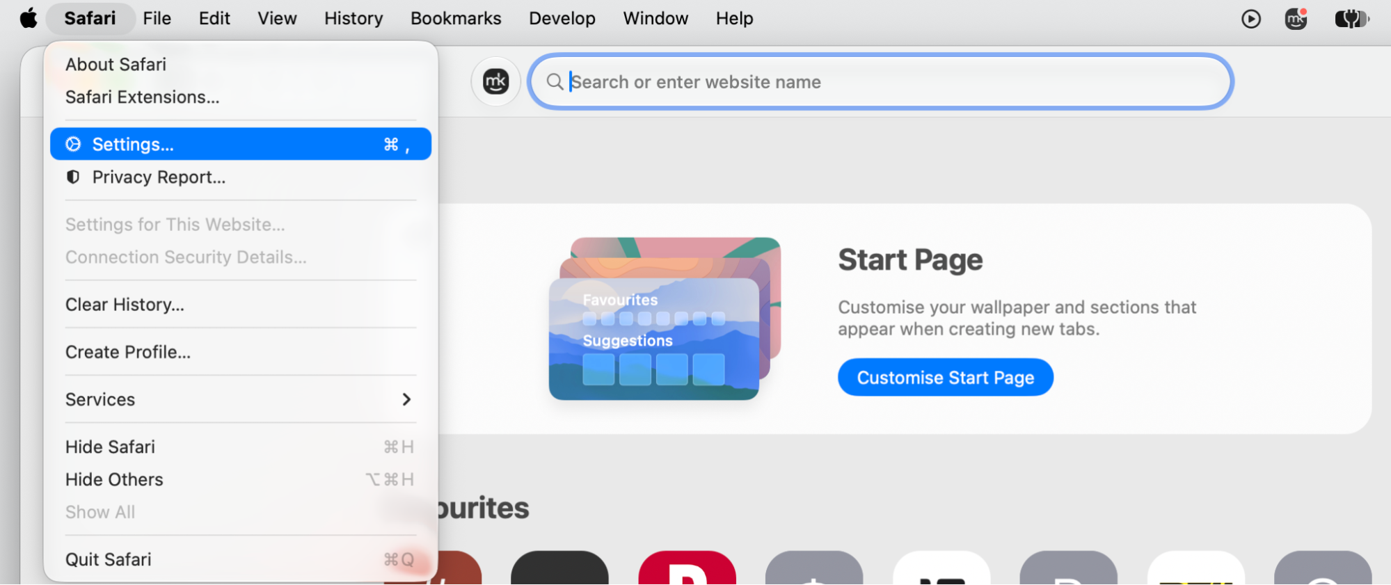 The Safari menu on a MacBook opening Settings, the first step to store and autofill payment card details through iCloud Keychain on macOS.