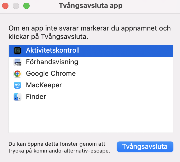 Efter att ha tryckt på tangenterna kan du nu välja den app du vill tvångsavsluta i popup-menyn. Detta bör hjälpa till att återställa din frysta Mac om en app hänger sig eller gör att din bärbara dator inte svarar.