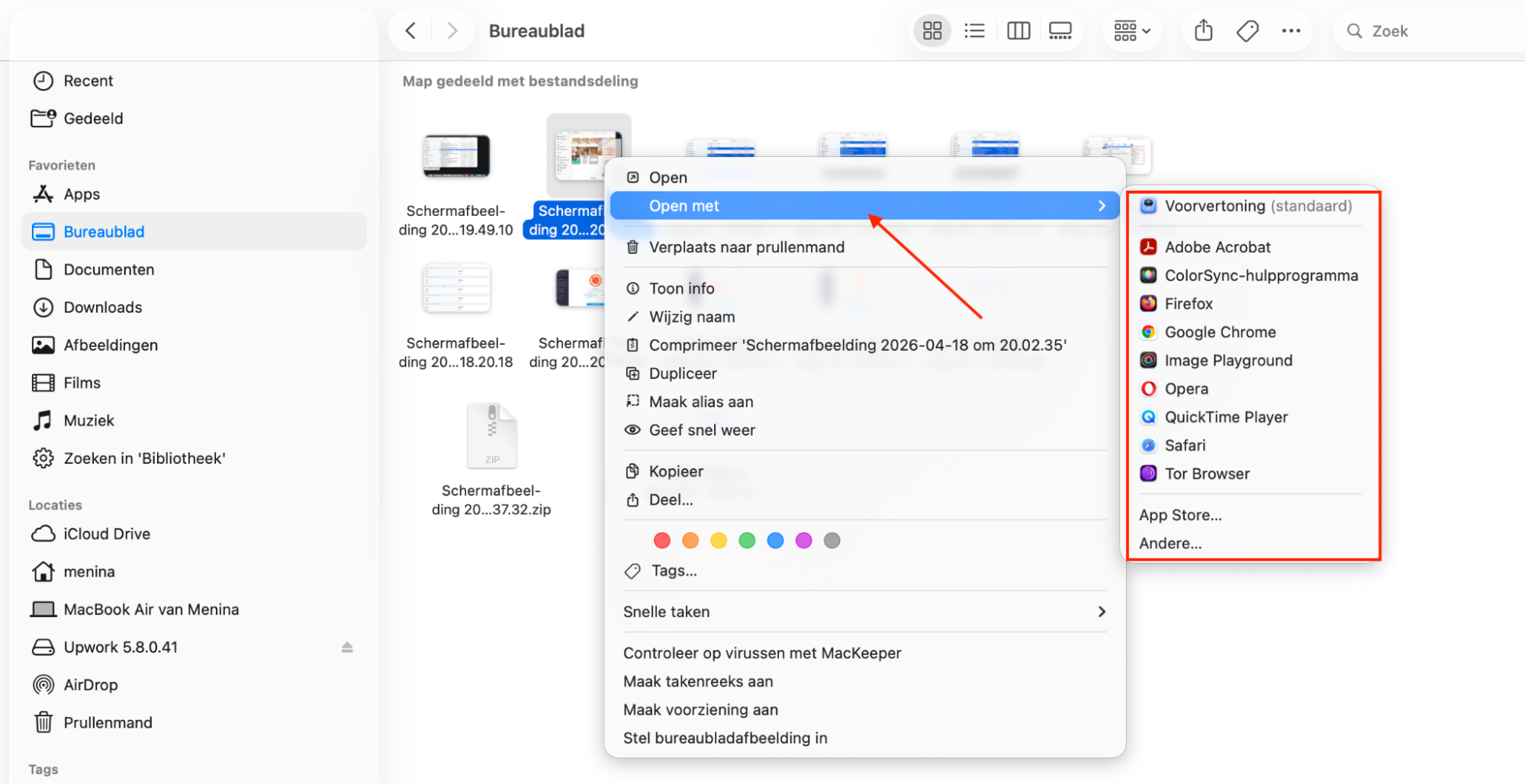 Het menu Open met op Mac. Gebruik dit om een bestand met een andere app te openen wanneer je beschadigde bestanden op een Mac probeert te herstellen.