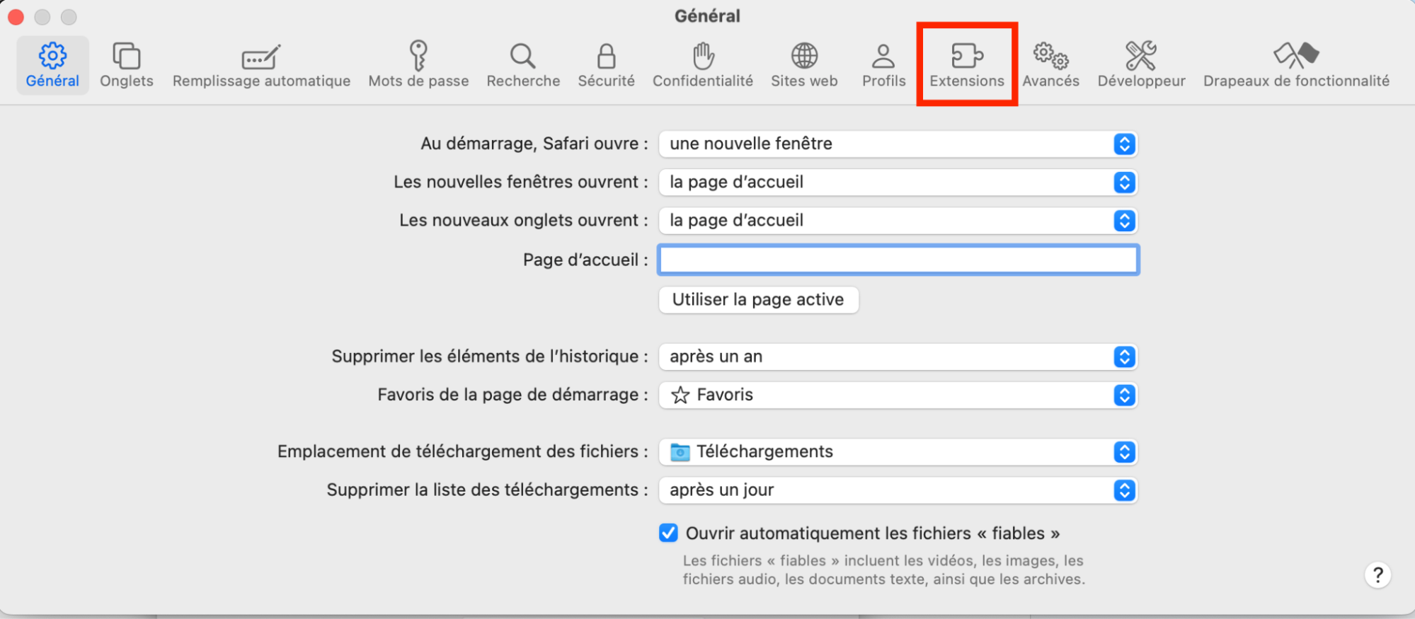 Menu des réglages de Safari, avec l’onglet Extensions mis en surbrillance. Comment supprimer des extensions dans Safari : guide pour bloquer les fausses alertes McAfee sur Mac.