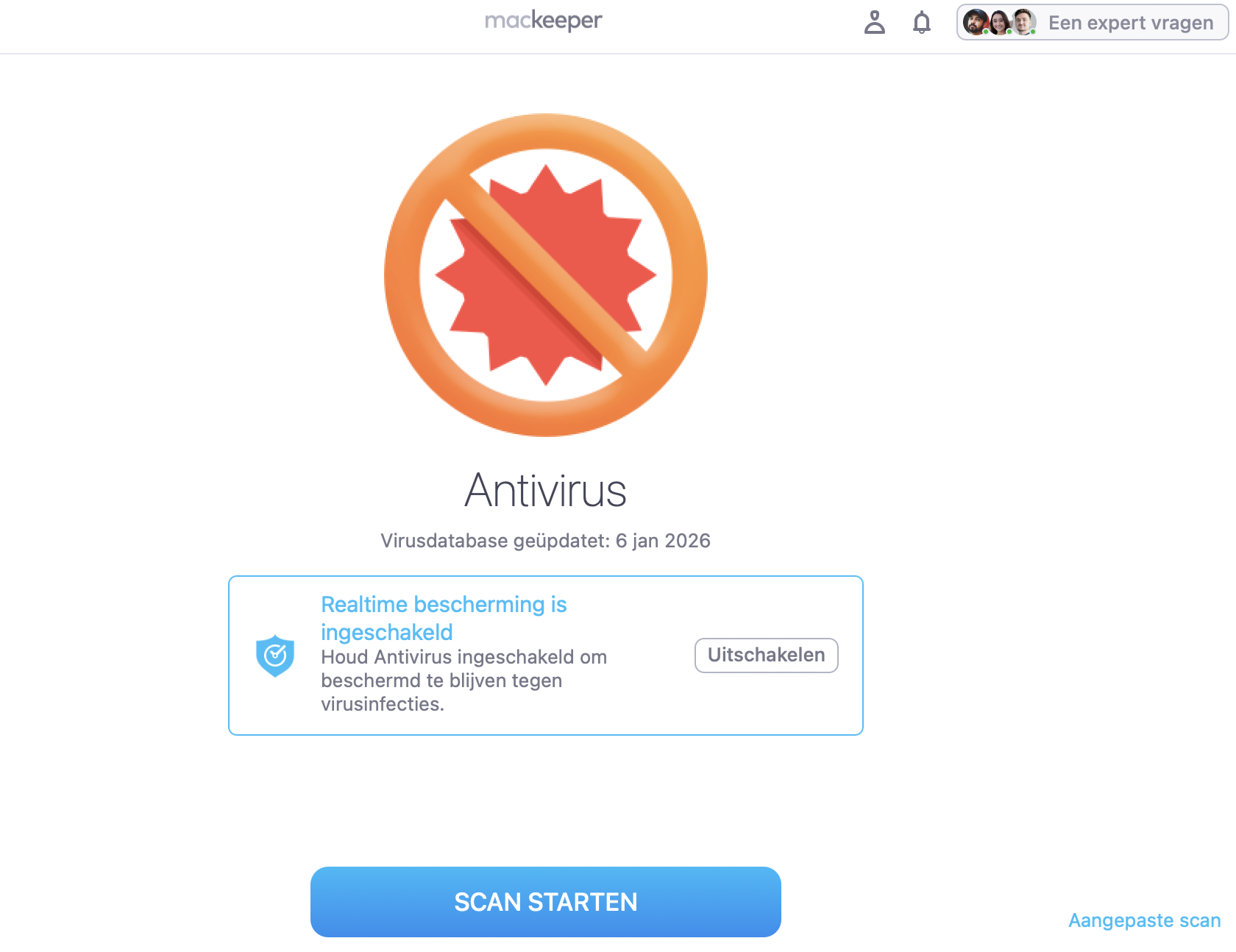 Als je MacKeeper Antivirus voor het eerst gebruikt om een Trojaans virus op je Mac te detecteren en te verwijderen, zie je de knop Antivirus starten. Klik hierop zodat ons anti-malwarehulpprogramma klaar is om te werken.