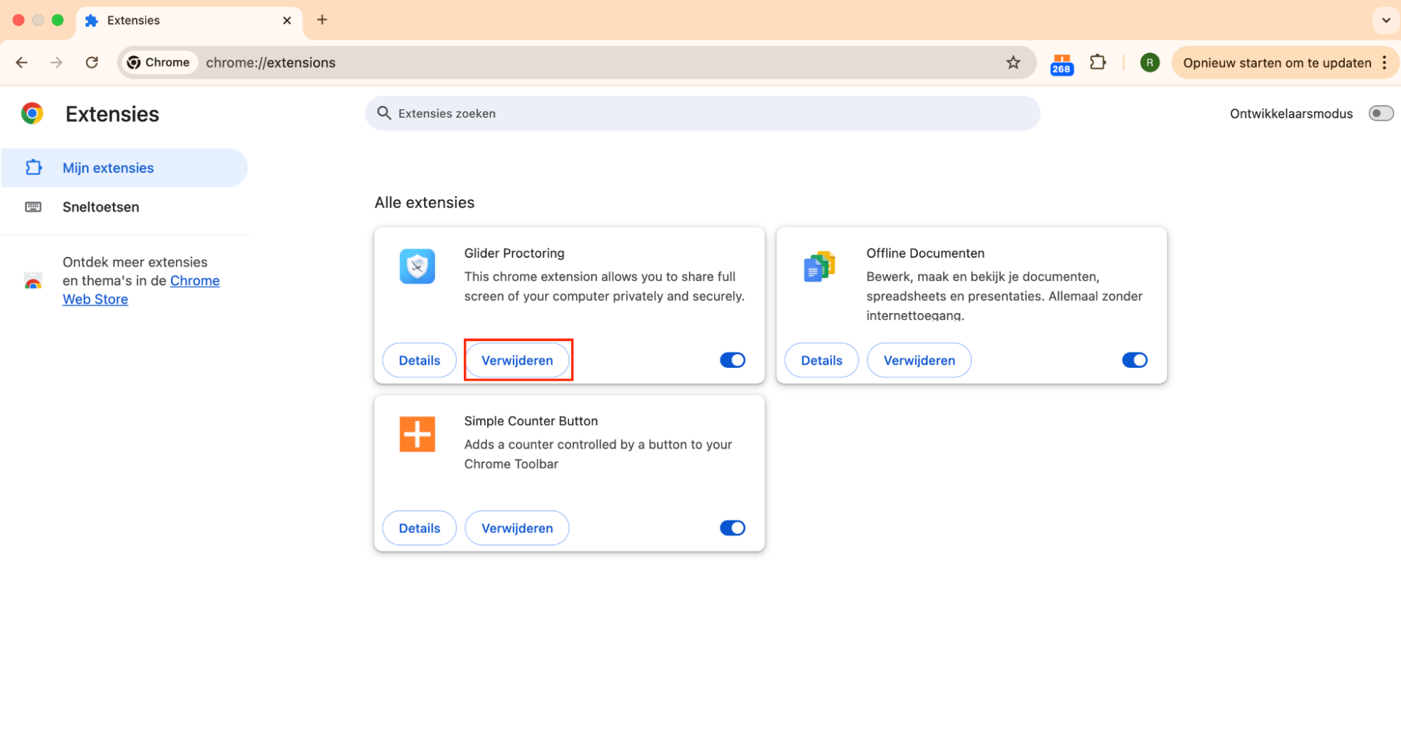 In de lijst met Google Chrome-extensies klik je bij een extensie op de knop Verwijderen en daarna nogmaals op Verwijderen om te bevestigen.