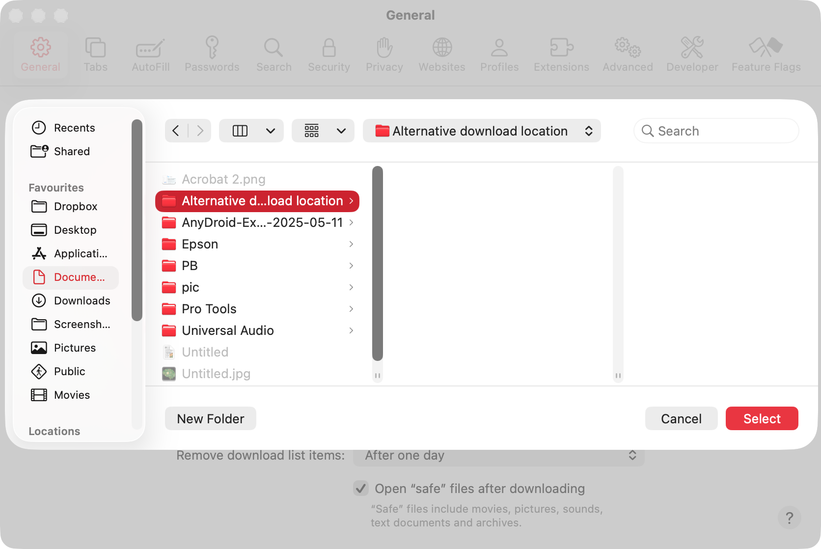 You'll now see a Finder window within Safari. Use it to navigate to wherever you want to be the browser's default download location. When you've made your choice, click the 'Select' button.