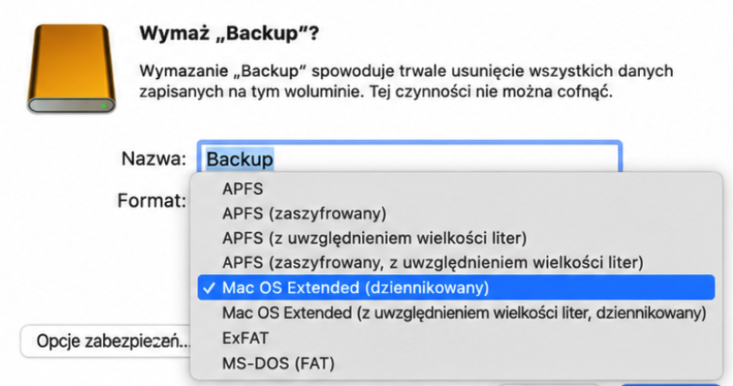 Teraz użyj menu rozwijanego, aby wybrać format dysku kompatybilny z macOS. Kiedy skończysz, kliknij przycisk Wymaż.