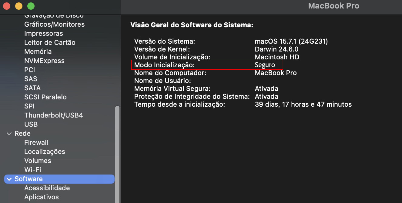 A tela de Informações do Sistema em um Mac. Na seção Software, o Modo de Inicialização está como Seguro. Parte das instruções sobre como resolver problemas de falhas na tela do MacBook.