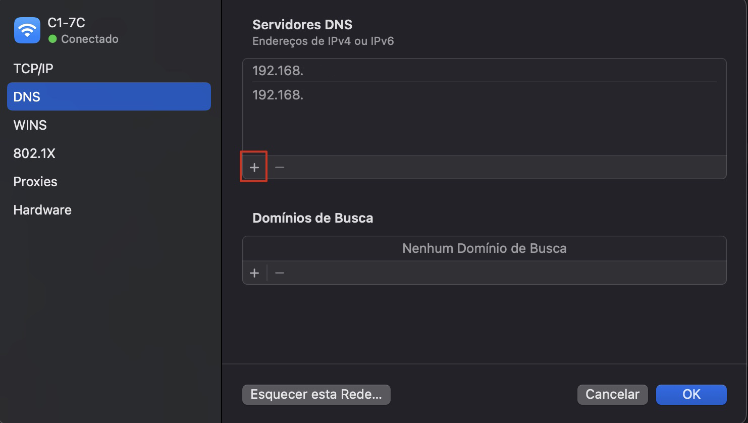 Para resolver os problemas de internet do seu Mac, vá para a aba DNS e clique no botão + para adicionar um novo endereço DNS mais rápido que acelere sua Internet.