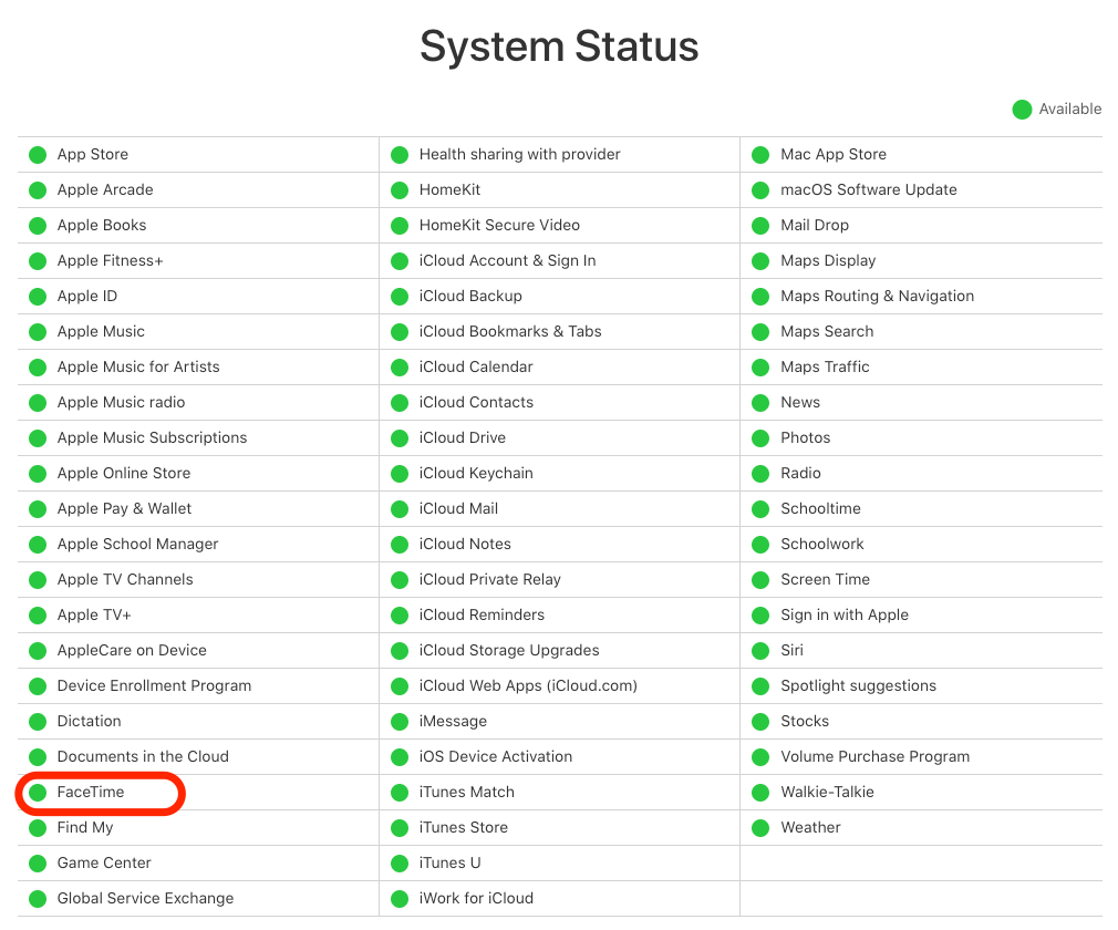 Controlla lo stato del sistema Apple per FaceTime sul tuo Mac.