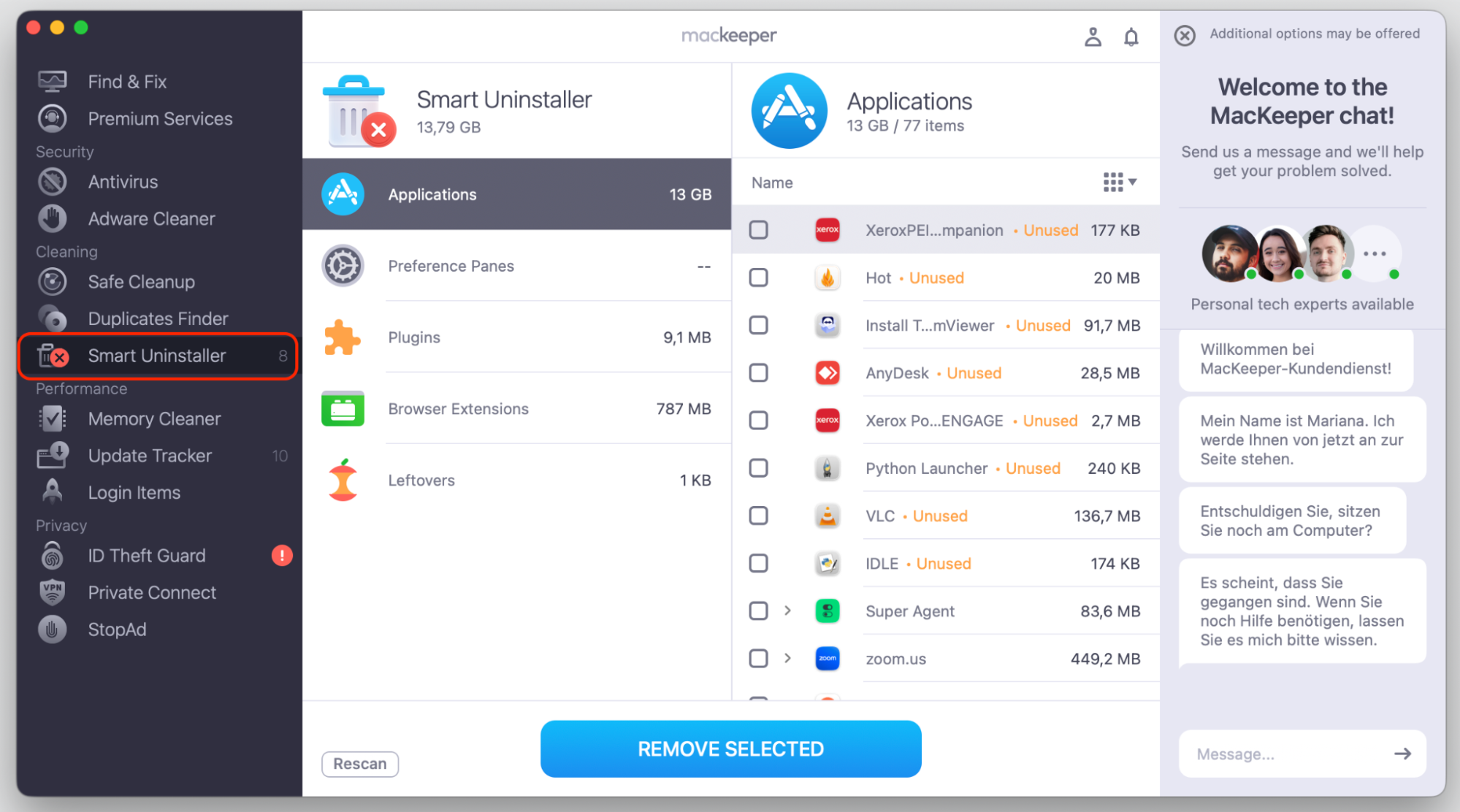 MacKeeper's Smart Uninstaller on macOS showing unused apps and the Remove Selected button to fully delete software causing ReportCrash spikes.