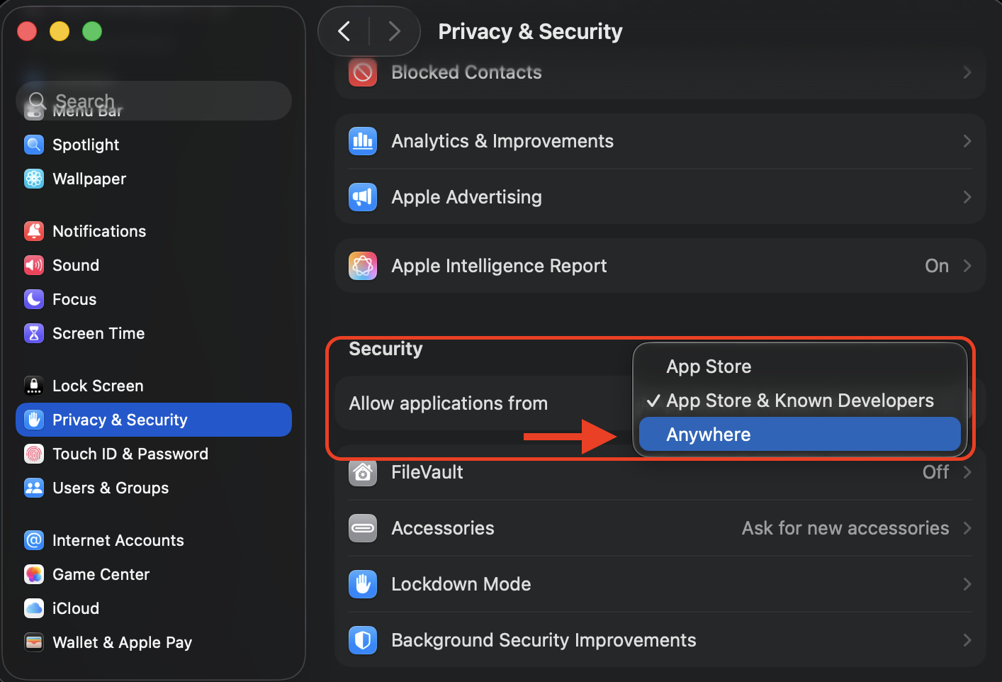 Selecting Anywhere from the Allow applications from dropdown in macOS Privacy & Security lets blocked damaged apps open on a Mac.