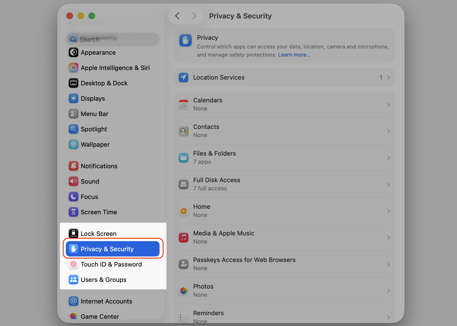 System Settings on macOS with Privacy & Security selected in the sidebar, where the blocked app note and Open Anyway button appear.
