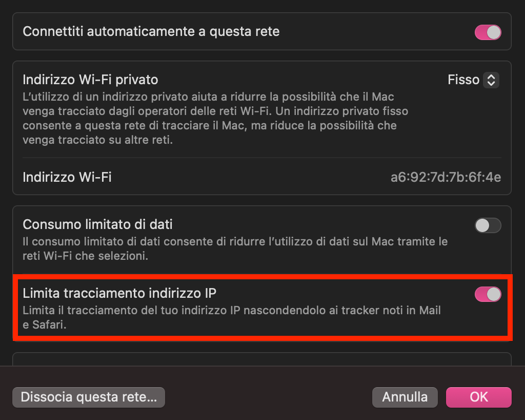 Per aumentare la velocità di Internet sul Mac, assicurati di aver disattivato anche l’opzione del Wi-Fi Limita tracciamento indirizzo IP.