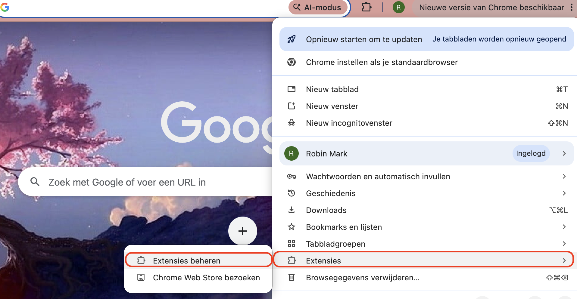 Open Chrome, klik rechtsboven op het menu met de drie puntjes, ga naar Extensies en kies Extensies beheren om je geïnstalleerde extensies te bekijken.