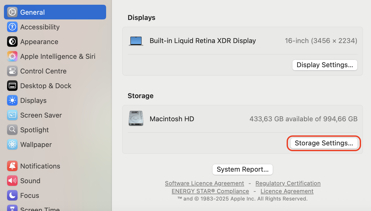Click Storage Settings and remove temporary or unnecessary files to free up space and improve your Mac's overall performance.
