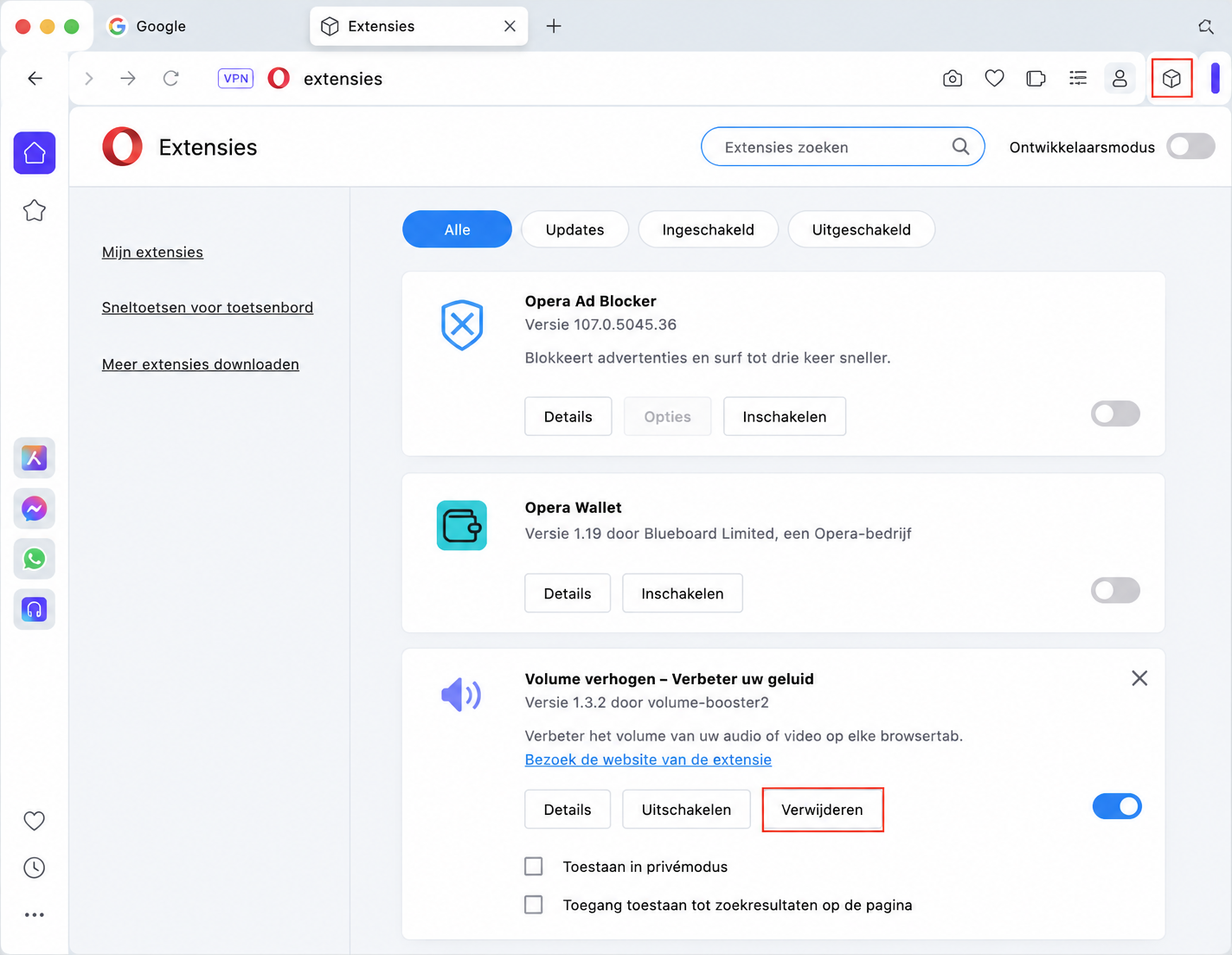 Het scherm ‘Extensies’ van Opera met ‘Verwijderen’ gemarkeerd onder een extensie. Dit maakt deel uit van een handleiding over hoe je extensies verwijdert om valse McAfee pop-ups op een Mac te stoppen.