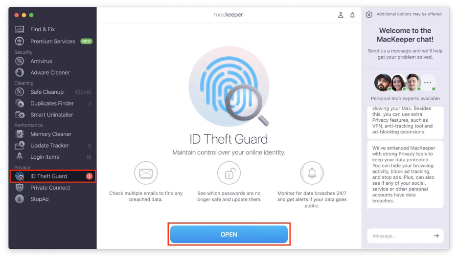 To protect your online data, open MacKeeper, select ID Theft Guard, and click on Open.