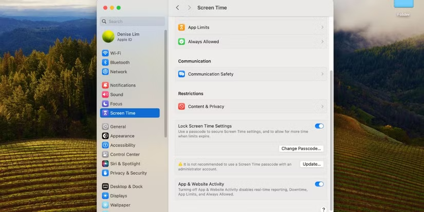 Find the Screen Time tab in System Settings. Then, open Content & Privacy settings to check for restrictions preventing iCloud sign-out on a Mac.