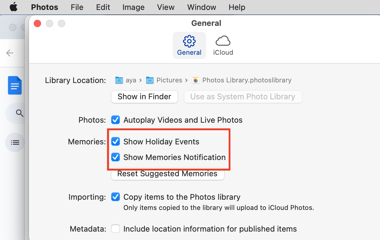 Photos app settings are opened on a Mac. Deselect Show Holiday Events and Show Memories Notification to turn off notifications for the Photos app.