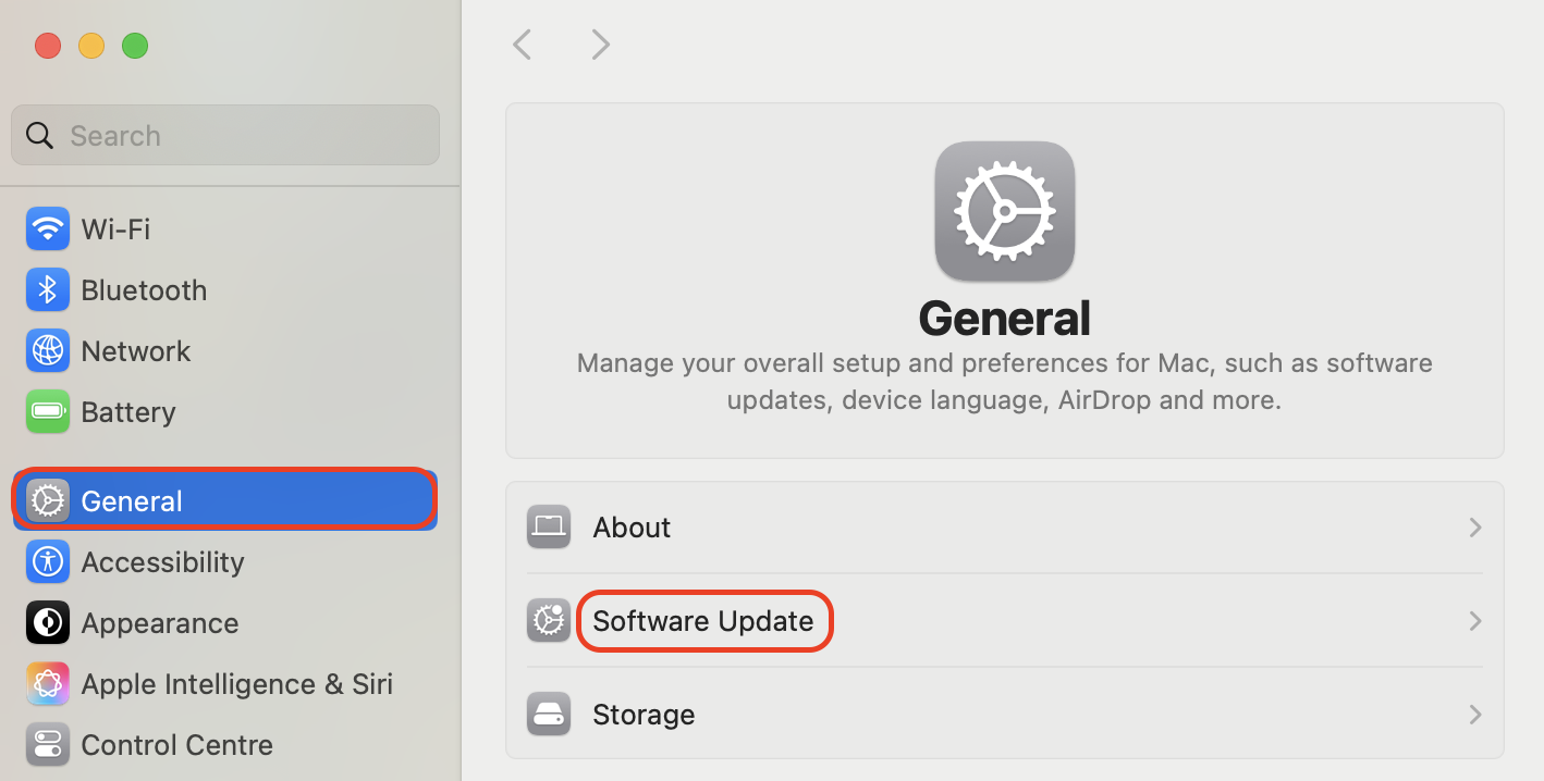 In System Settings, select General in the sidebar and click Software Update to check for available macOS updates and security patches.