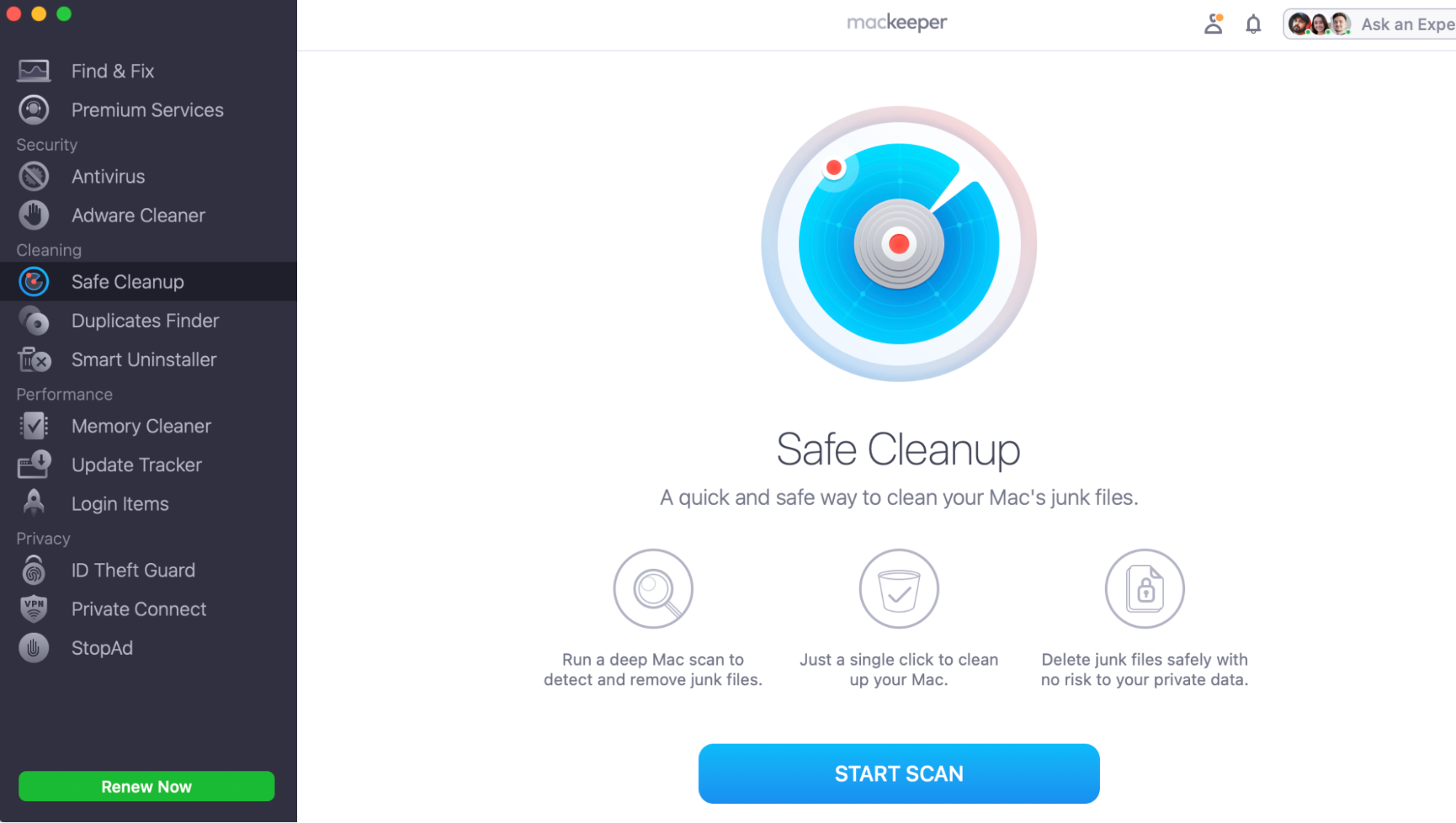 To rid your computer of clutter to help make the macOS Sierra factory reset easier, download and open the MacKeeper app. Then click on Safe Cleanup and press Start Scan.