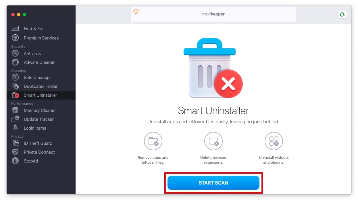 MacKeeper’s Smart Uninstaller is opened on a Mac. Click Start Scan to start the process of deleting an app from a Mac with MacKeeper.