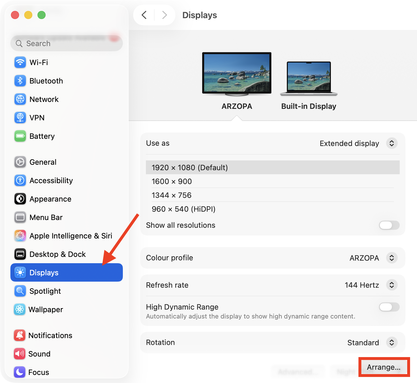 The Arrange button inside System Settings > Displays on Mac. If you don't want the Mac Dock to show on all screens, you can fix it to one monitor by moving the menu bar within the Arrange section.