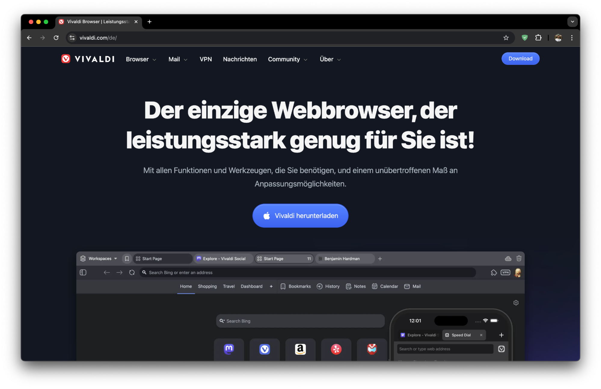 Als letzten Browser haben wir Vivaldi. Es handelt sich um einen neuen Browser, der sich aufgrund seiner zahlreichen Anpassungsoptionen und seines starken Fokus auf den Schutz der Benutzer vor bösartigen Online-Aktivitäten schnell zu einem Favoriten unter MacBook-Nutzern entwickelt hat.