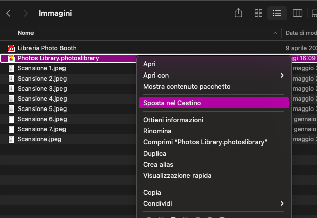 Per rimuovere la libreria Foto, fare clic con il tasto destro del mouse sul file e selezionare l'opzione Sposta nel cestino.