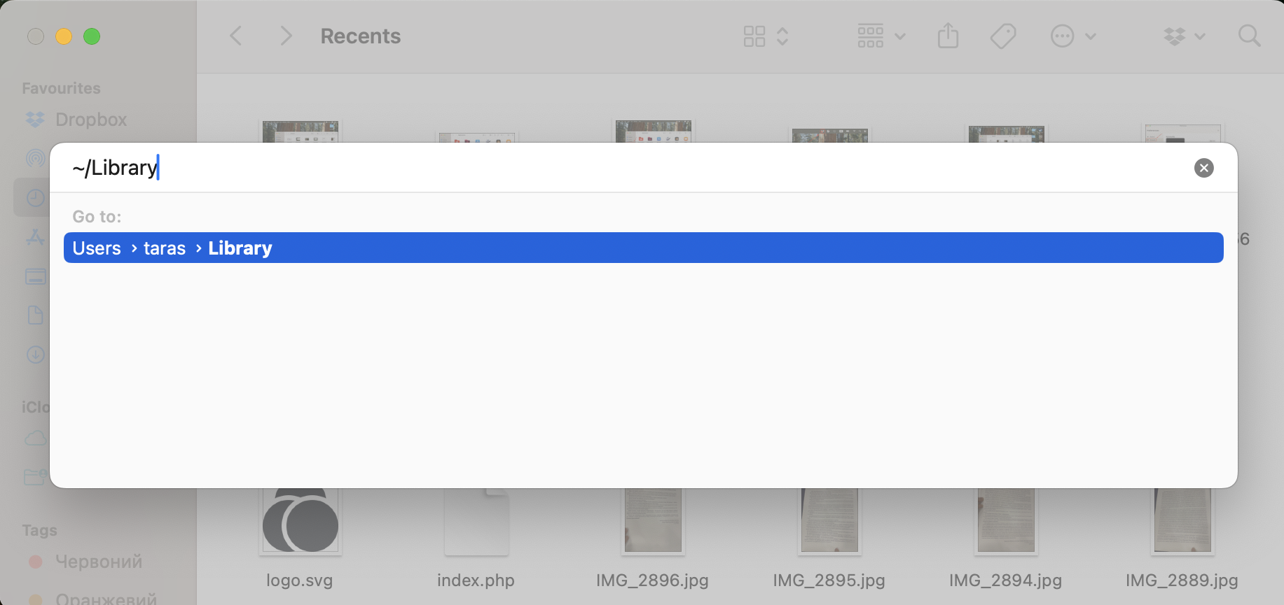 Type ~/Library into the Go to Folder field and click Go to open your user Library directory.