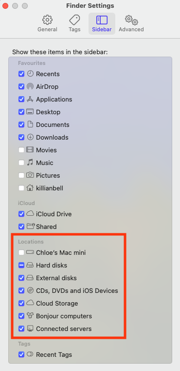 The Sidebar options in the Finder settings menu on Mac. To see USB devices like external drives in macOS, first enable them in the Sidebar window.