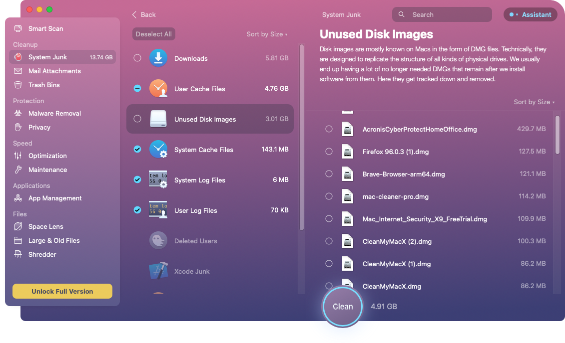 One more cache type to be mentioned is unused images, and CleanMyMac’s System Junk feature allows you to get rid of it easily. After the scan is done, you’ll see the Unused Disk Images as one the boxes on the left. One more cache type to be mentioned is unused images, and CleanMyMac’s System Junk feature allows you to get rid of it easily. After the scan is done, you’ll see the Unused Disk Images as one the boxes on the left.