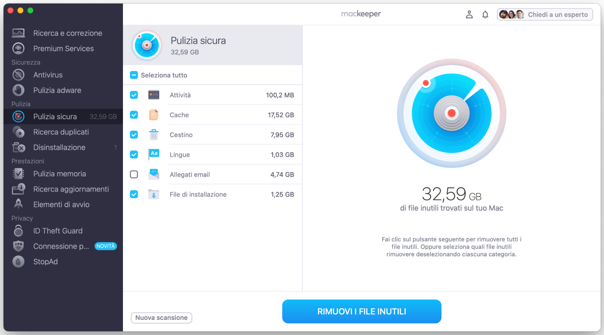 Seleziona le caselle accanto a File lingua, Cache, ecc. e clicca su Rimuovi file inutili. 