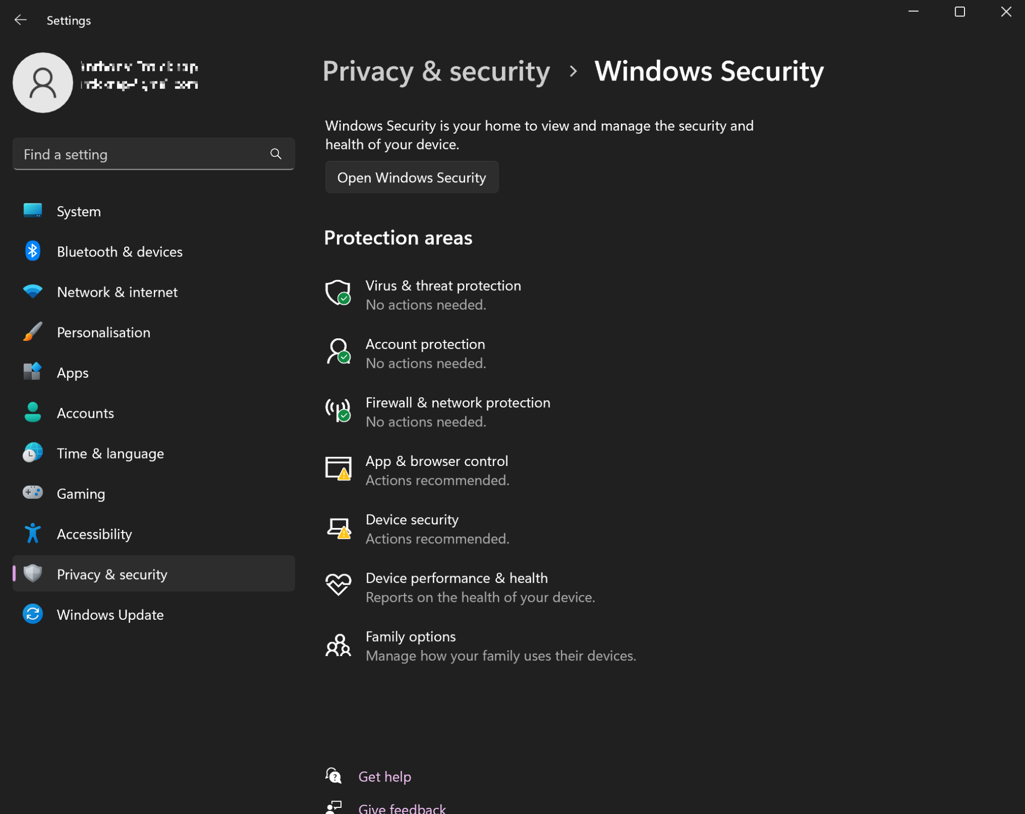 The Privacy & security section of Windows lets you control the built-in antivirus and firewall features, which protect you from malware.