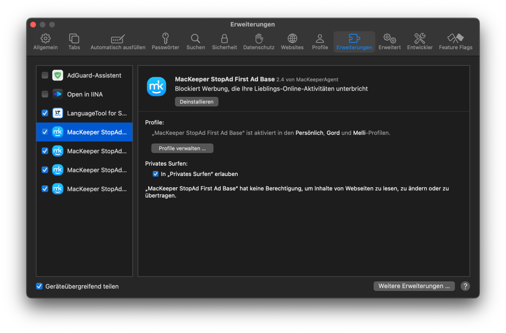 Nachdem Sie auf die Schaltfläche Aktivieren geklickt haben, werden Sie zu den Einstellungen Ihres Browsers weitergeleitet, um die StopAd-Erweiterung hinzuzufügen. Dort können Sie die Erweiterung aktivieren, um die Privatsphäre Ihres Mac zu schützen und sich vor Cyber-Bedrohungen zu schützen.
