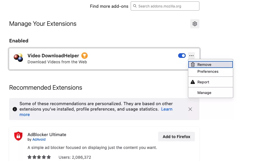 Extensions section of Firefox settings.