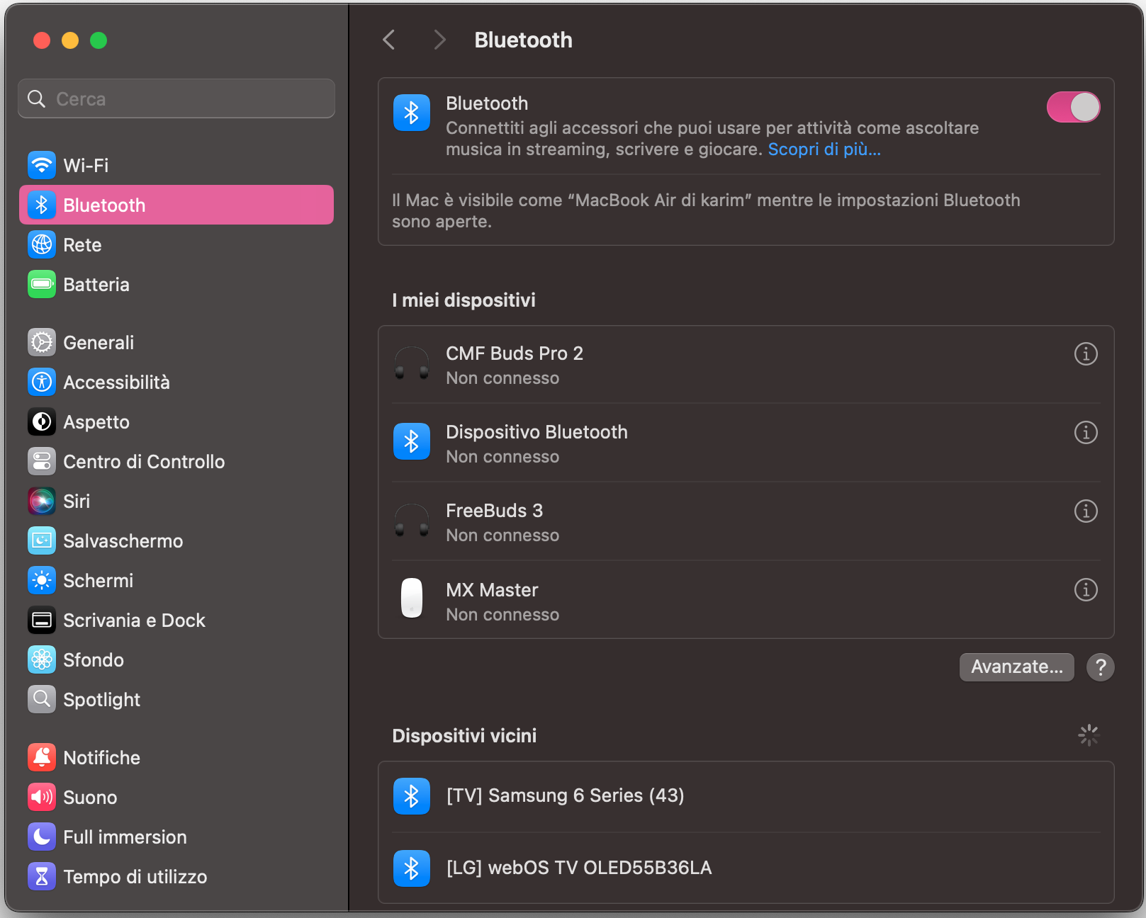 La sezione Bluetooth aperta nelle Impostazioni di Sistema del Mac come possibile soluzione per una tastiera Mac bloccata o non funzionante